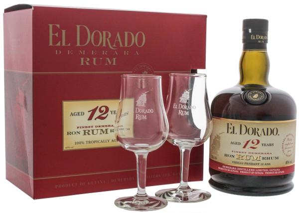 El Dorado Rum 12 Jahre plus 2 Gläser, 0,7 L, 40%