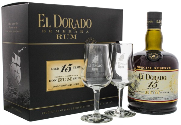El Dorado Rum 15 Jahre und 2 Gläser, 0,7 L, 43%
